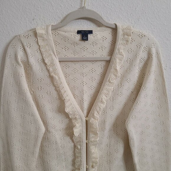 Nautica Ivory V-Neck Button Up Ruffled Long Sleeve Cardigan Sweater sz L - Picture 3 of 6